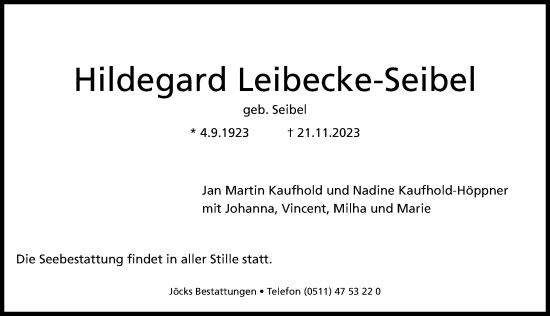 Traueranzeige von Hildegard Leibecke-Seibel von Hannoversche Allgemeine Zeitung/Neue Presse