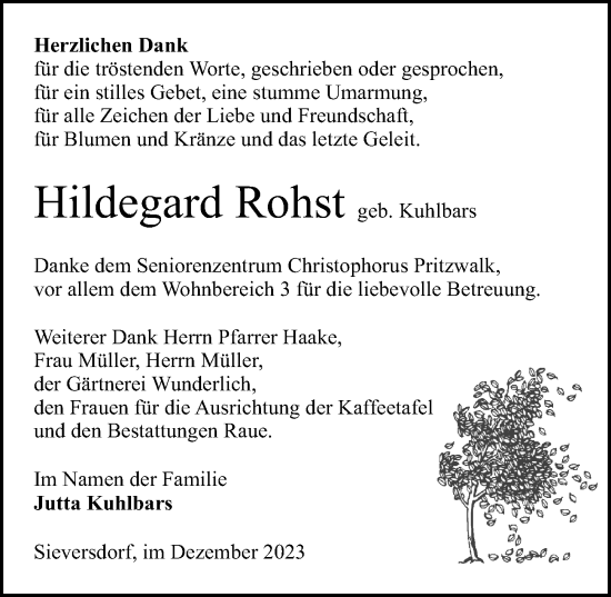 Traueranzeige von Hildegard Rohst