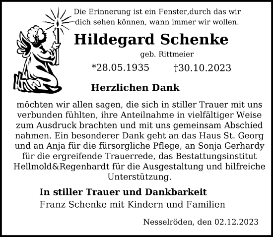 Traueranzeige von Hildegard Schenke von Eichsfelder Tageblatt