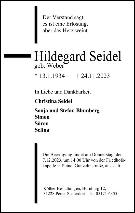 Traueranzeige von Hildegard Seidel von Peiner Allgemeine Zeitung