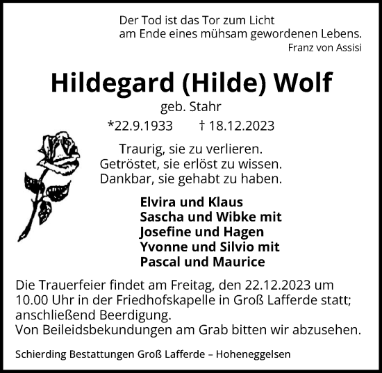 Traueranzeige von Hildegard Wolf von Peiner Allgemeine Zeitung