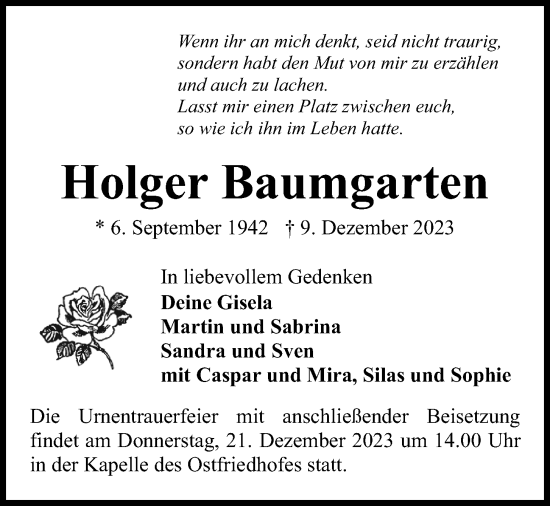 Traueranzeige von Holger Baumgarten von Kieler Nachrichten