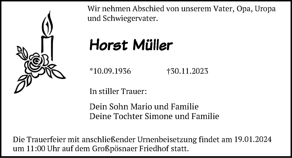  Traueranzeige für Horst Müller vom 30.12.2023 aus Leipziger Volkszeitung