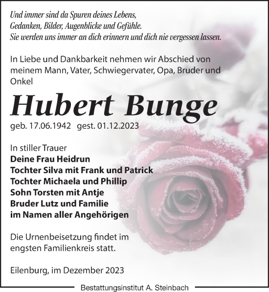 Traueranzeige von Hubert Bunge von Leipziger Volkszeitung