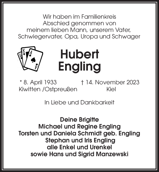 Traueranzeige von Hubert Engling von Kieler Nachrichten