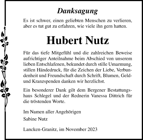 Traueranzeige von Hubert Nutz von Ostsee-Zeitung GmbH