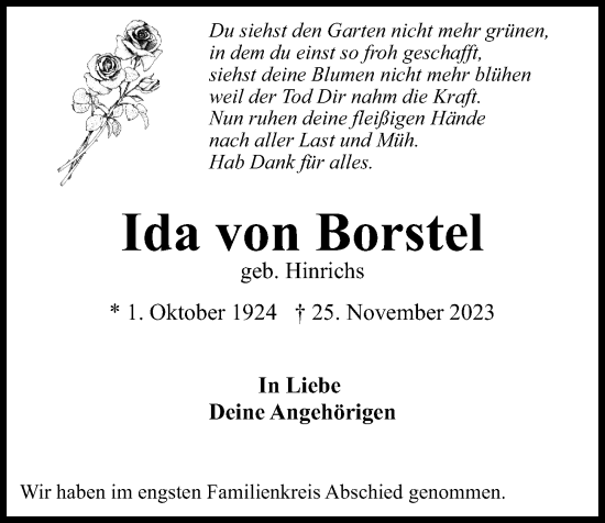 Traueranzeige von Ida von Borstel von Kieler Nachrichten
