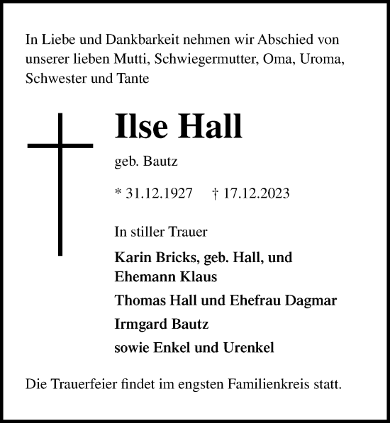 Traueranzeige von Ilse Hall von Ostsee-Zeitung GmbH