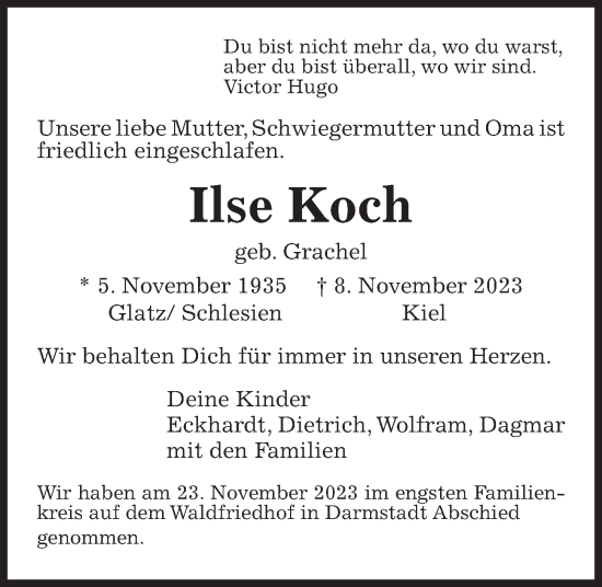 Traueranzeige von Ilse Koch von Kieler Nachrichten