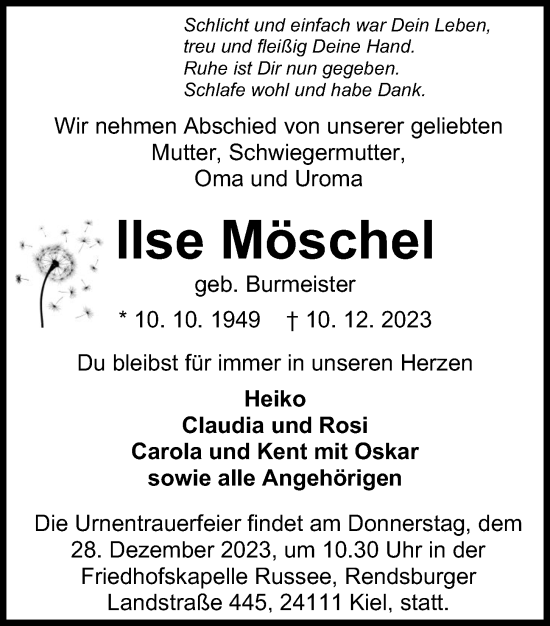 Traueranzeige von Ilse Möschel von Kieler Nachrichten