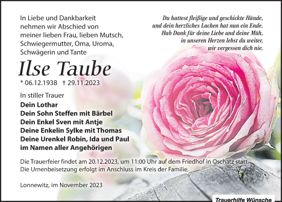 Traueranzeige von Ilse Taube von Leipziger Volkszeitung