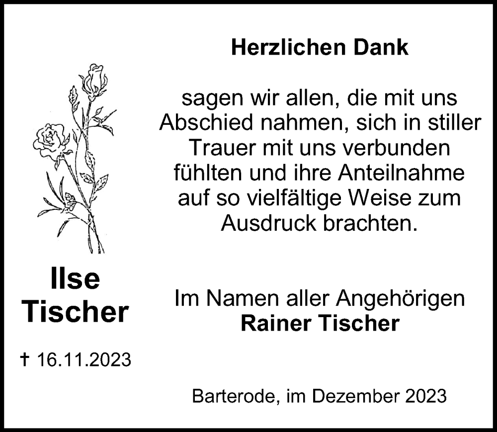  Traueranzeige für Ilse Tischer vom 02.12.2023 aus Göttinger Tageblatt