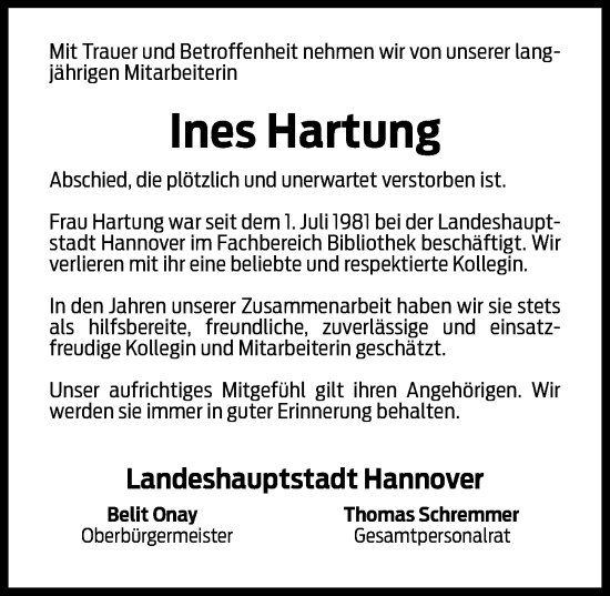 Traueranzeige von Ines Hartung von Hannoversche Allgemeine Zeitung/Neue Presse