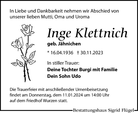 Traueranzeige von Inge Klettnich von Leipziger Volkszeitung