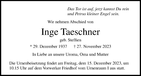 Traueranzeige von Inge Taeschner von Lübecker Nachrichten