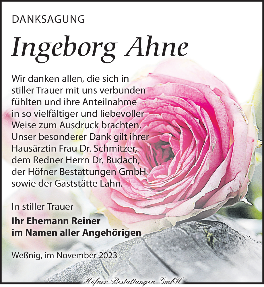  Traueranzeige für Ingeborg Ahne vom 02.12.2023 aus Torgauer Zeitung