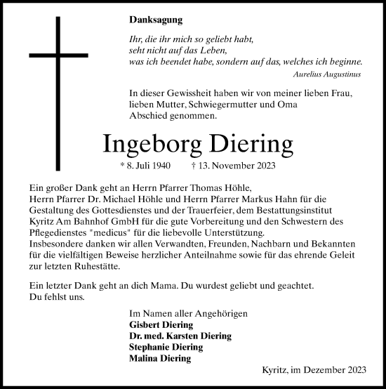 Traueranzeige von Ingeborg Diering von Wochenspiegel