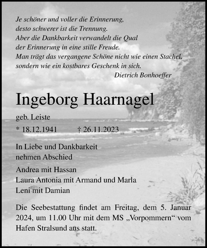  Traueranzeige für Ingeborg Haarnagel vom 30.12.2023 aus Ostsee-Zeitung GmbH