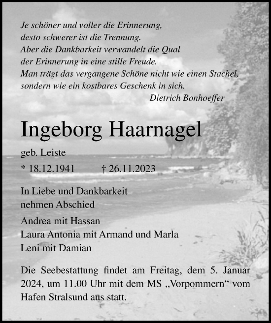 Traueranzeige von Ingeborg Haarnagel