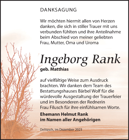 Traueranzeige von Ingeborg Rank von Leipziger Volkszeitung