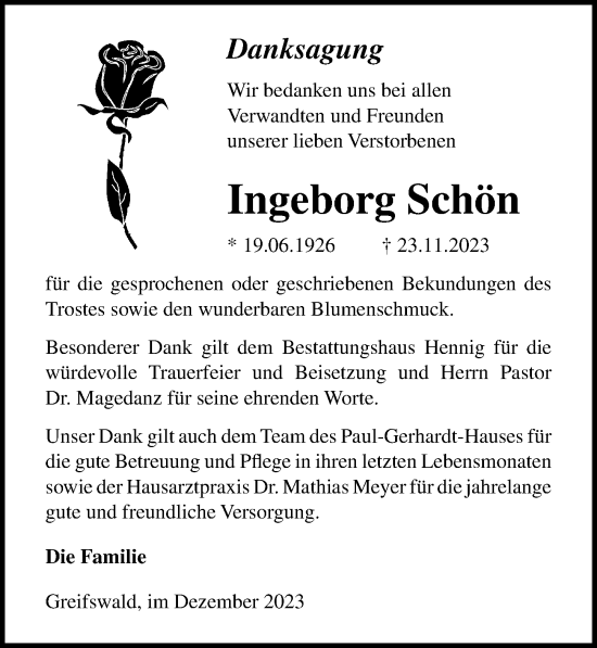 Traueranzeige von Ingeborg Schön von Ostsee-Zeitung GmbH