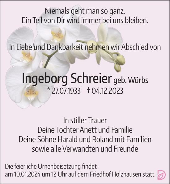 Traueranzeige von Ingeborg Schreier von Leipziger Volkszeitung