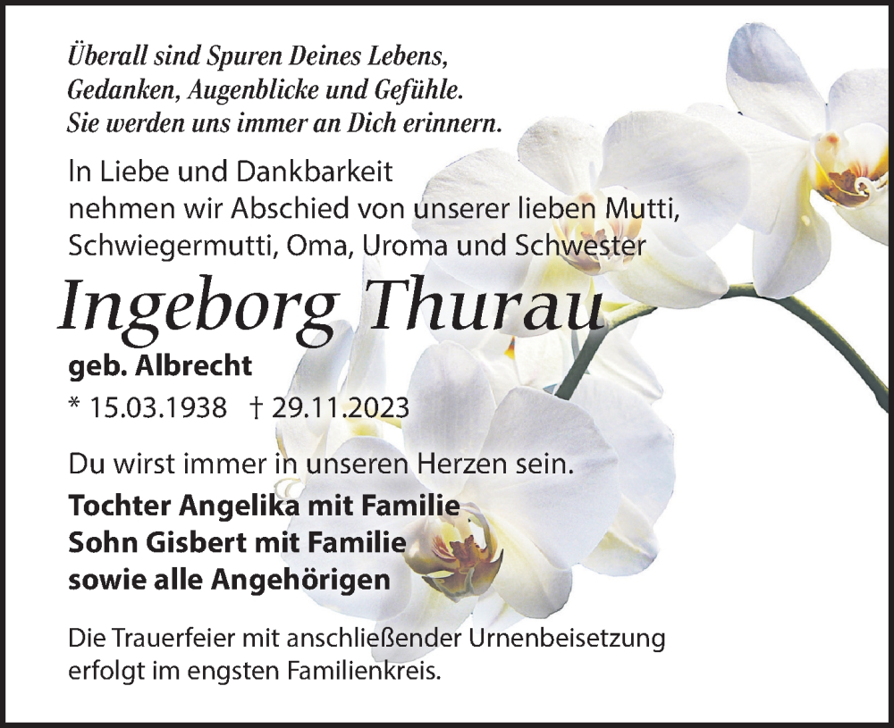  Traueranzeige für Ingeborg Thurau vom 02.12.2023 aus Leipziger Volkszeitung