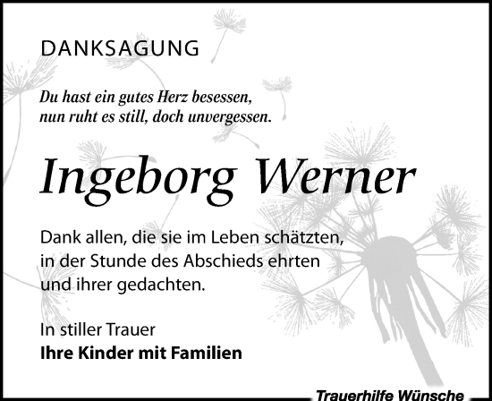 Traueranzeige von Ingeborg Werner von Leipziger Volkszeitung