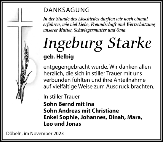 Traueranzeige von Ingeburg Starke von Leipziger Volkszeitung