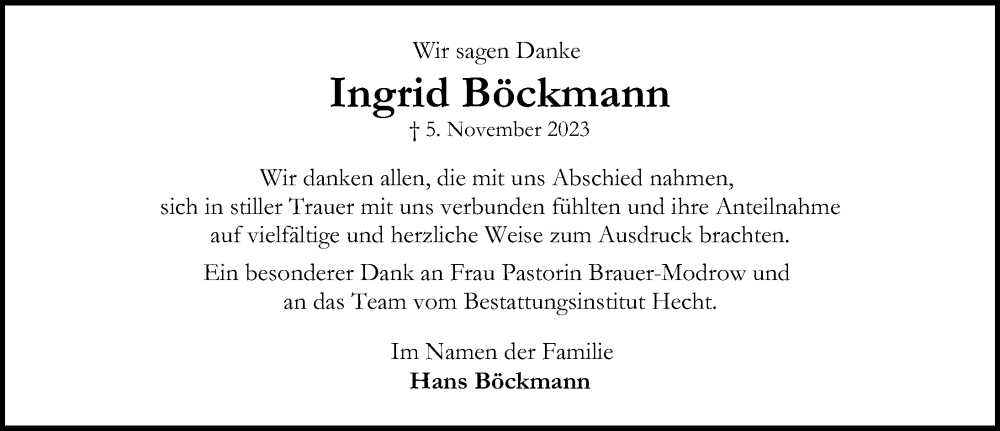  Traueranzeige für Ingrid Böckmann vom 17.12.2023 aus Lübecker Nachrichten