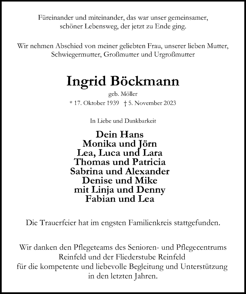  Traueranzeige für Ingrid Böckmann vom 03.12.2023 aus Lübecker Nachrichten