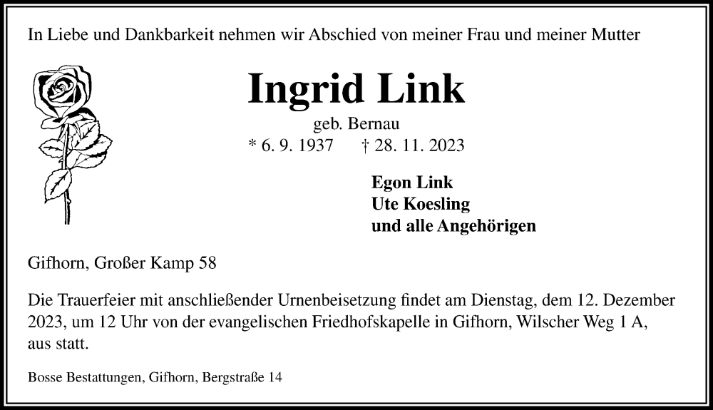  Traueranzeige für Ingrid Link vom 02.12.2023 aus Aller Zeitung