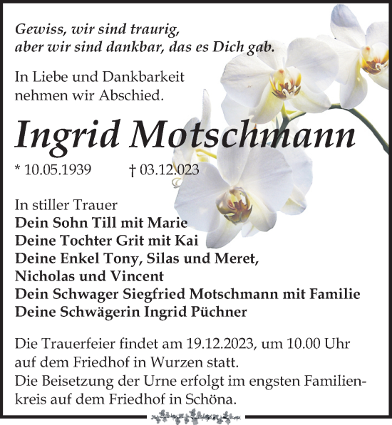Traueranzeige von Ingrid Motschmann von Leipziger Volkszeitung