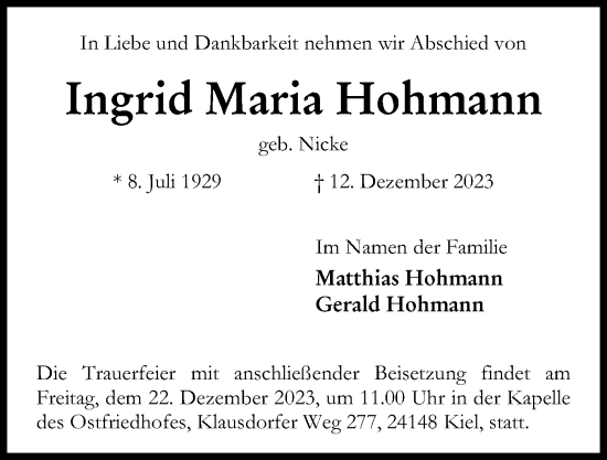 Traueranzeige von Ingrid Maria Hohmann von Kieler Nachrichten