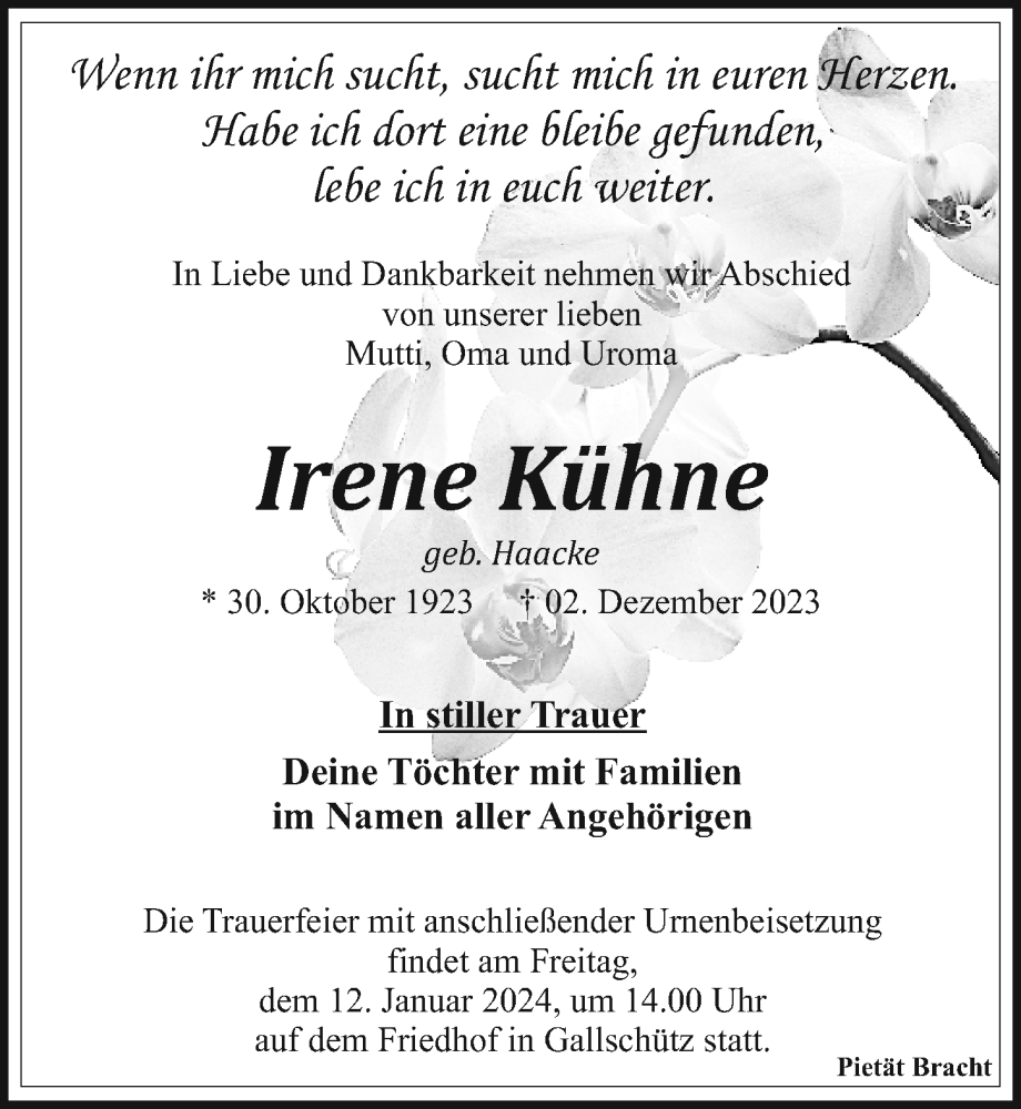  Traueranzeige für Irene Kühne vom 16.12.2023 aus Leipziger Volkszeitung