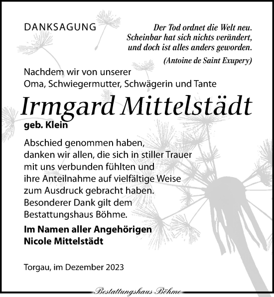 Traueranzeige von Irmgard Mittelstädt von Torgauer Zeitung