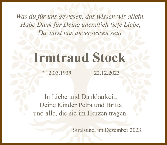 Traueranzeige von Irmtraud Stock