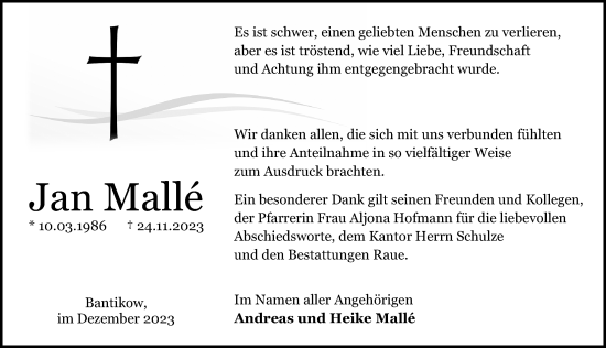 Traueranzeige von Jan Malle