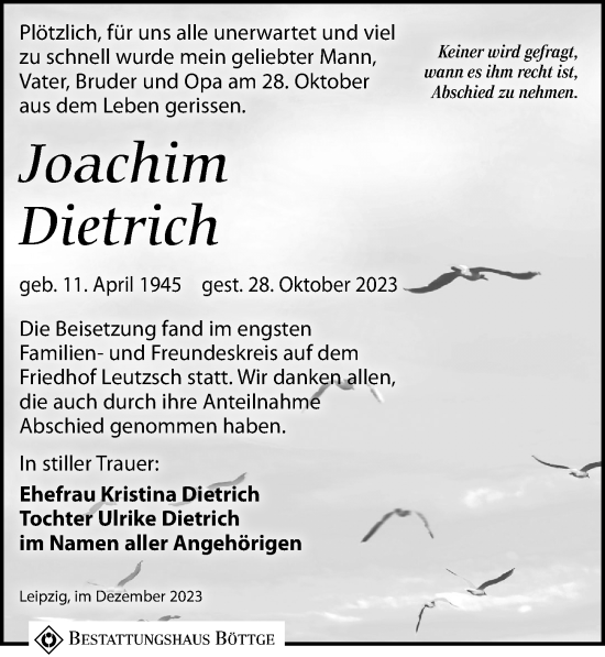 Traueranzeige von Joachim Dietrich von Leipziger Volkszeitung