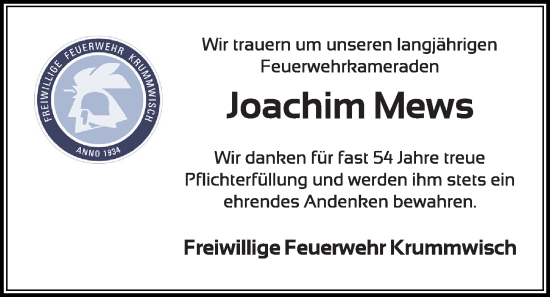Traueranzeige von Joachim Mews von Kieler Nachrichten