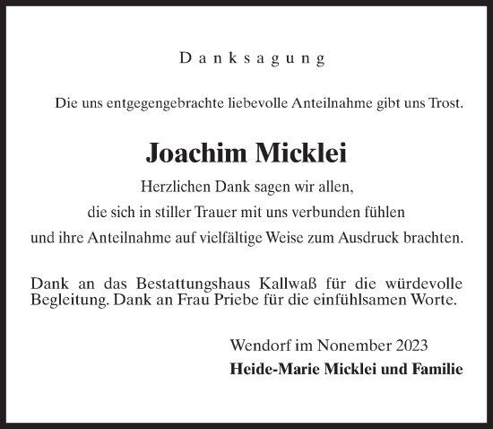 Traueranzeige von Joachim Micklei von Ostsee-Zeitung GmbH