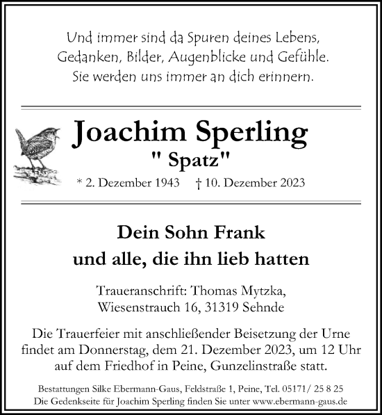 Traueranzeige von Joachim Sperling von Peiner Allgemeine Zeitung