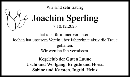 Traueranzeige von Joachim Sperling von Peiner Allgemeine Zeitung