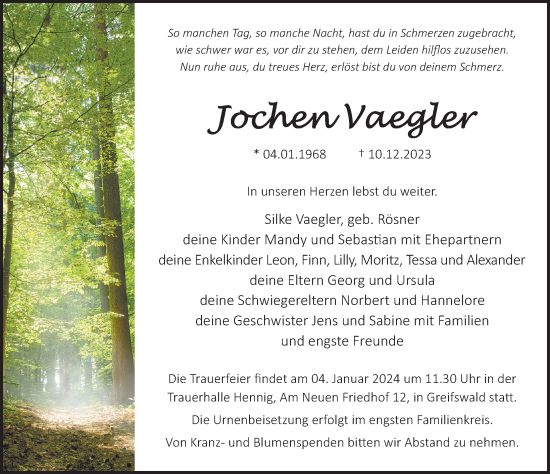 Traueranzeige von Jochen Vaegler von Ostsee-Zeitung GmbH