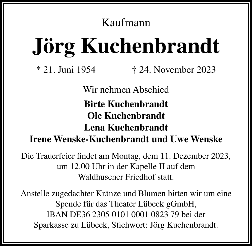  Traueranzeige für Jörg Kuchenbrandt vom 03.12.2023 aus Lübecker Nachrichten