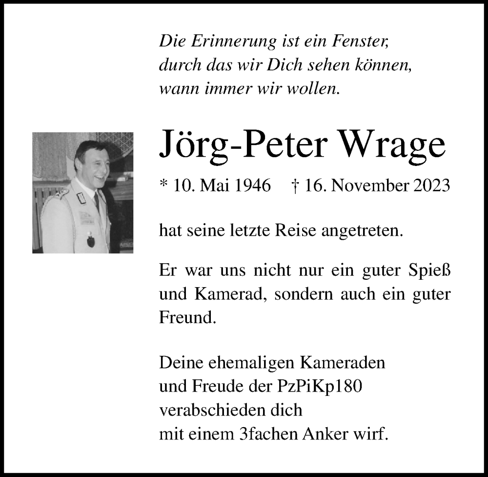  Traueranzeige für Jörg-Peter Wrage vom 03.12.2023 aus Lübecker Nachrichten