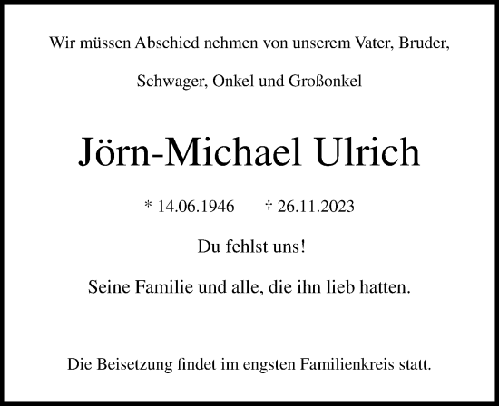 Traueranzeige von Jörn-Michael Ulrich von Lübecker Nachrichten