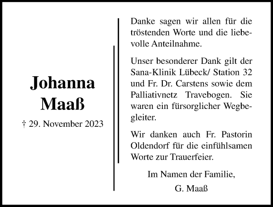 Traueranzeige von Johanna Maaß von Lübecker Nachrichten