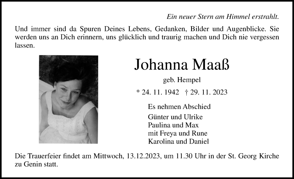  Traueranzeige für Johanna Maaß vom 10.12.2023 aus Lübecker Nachrichten