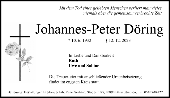 Traueranzeige von Johannes-Peter Döring von Hannoversche Allgemeine Zeitung/Neue Presse